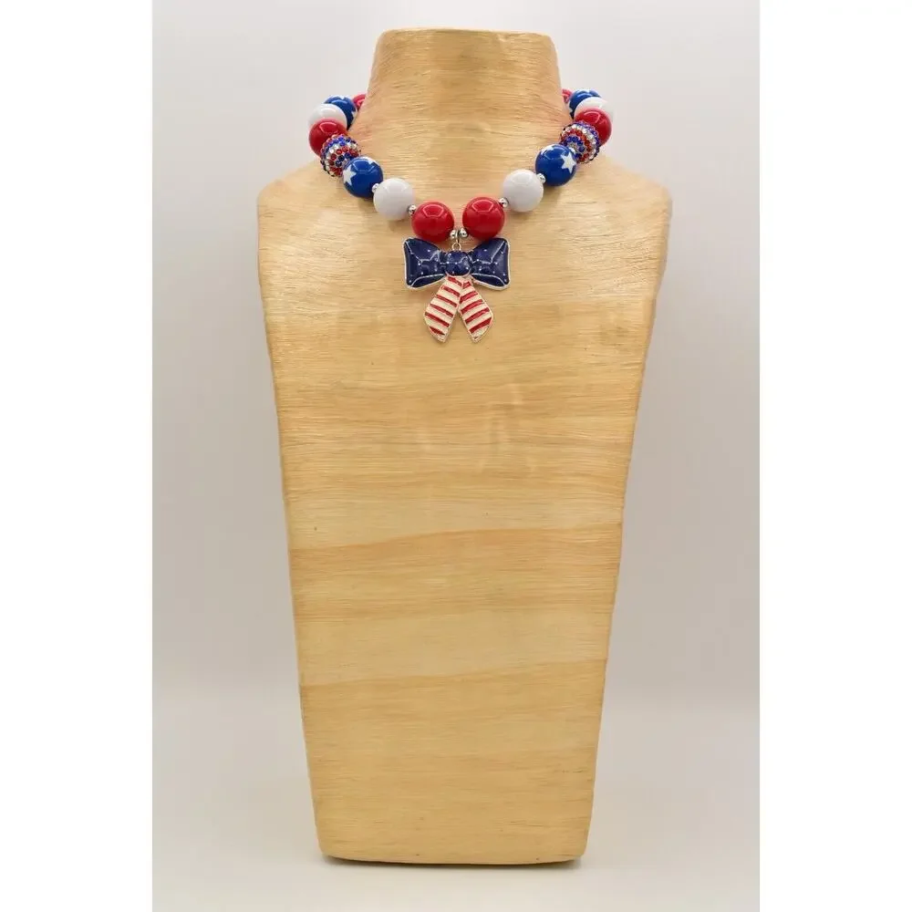 Statement Necklace American Flag Star Red White Blue Beaded 4th July USA BinA17
